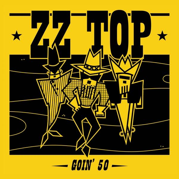 ZZ Top Logo mit drei Cartoon-Männern, gelber Hintergrund und schwarzer Text und Figuren.