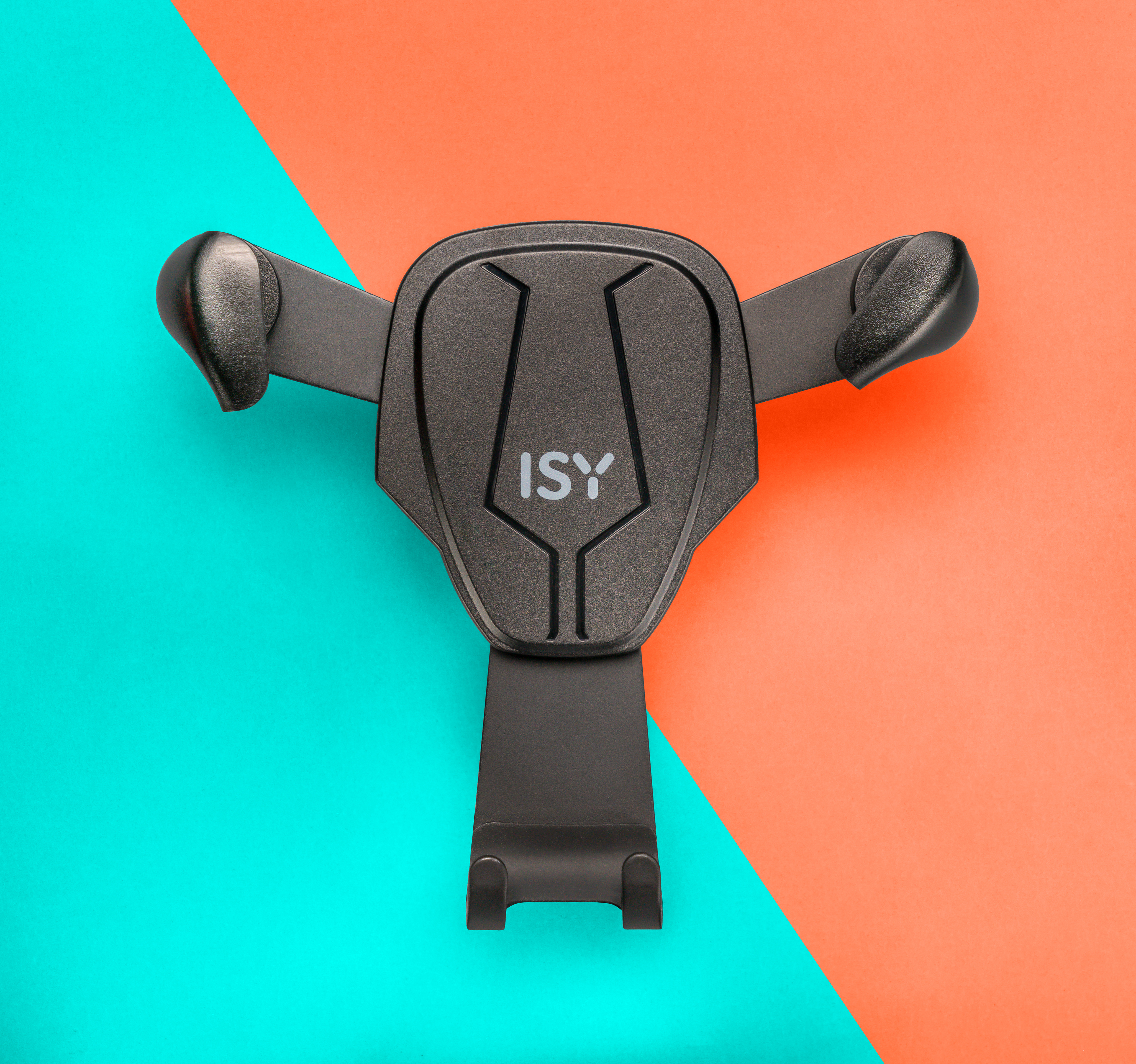 Schwarze Autotelefonhalterung auf farbenfrohem Hintergrund. Der Halter hat das ISY-Logo.