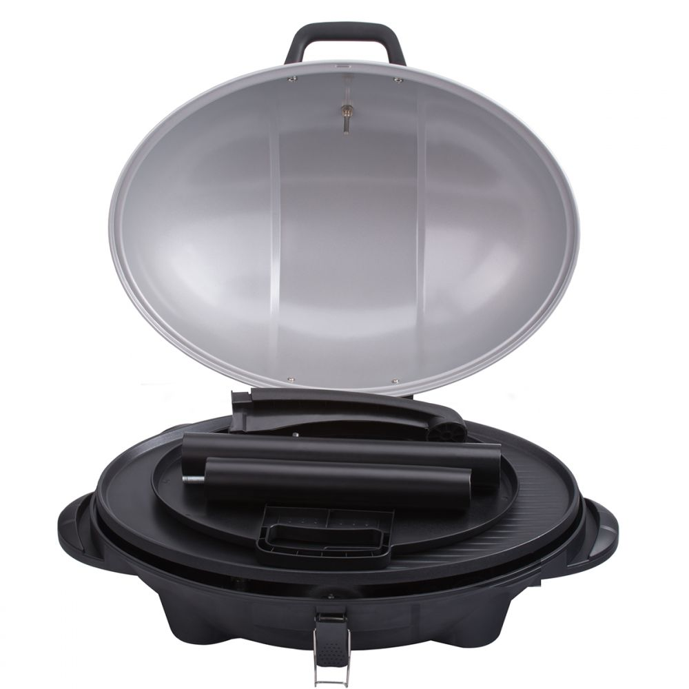 Ein offener Grill mit Innenkomponenten auf weißem Hintergrund.