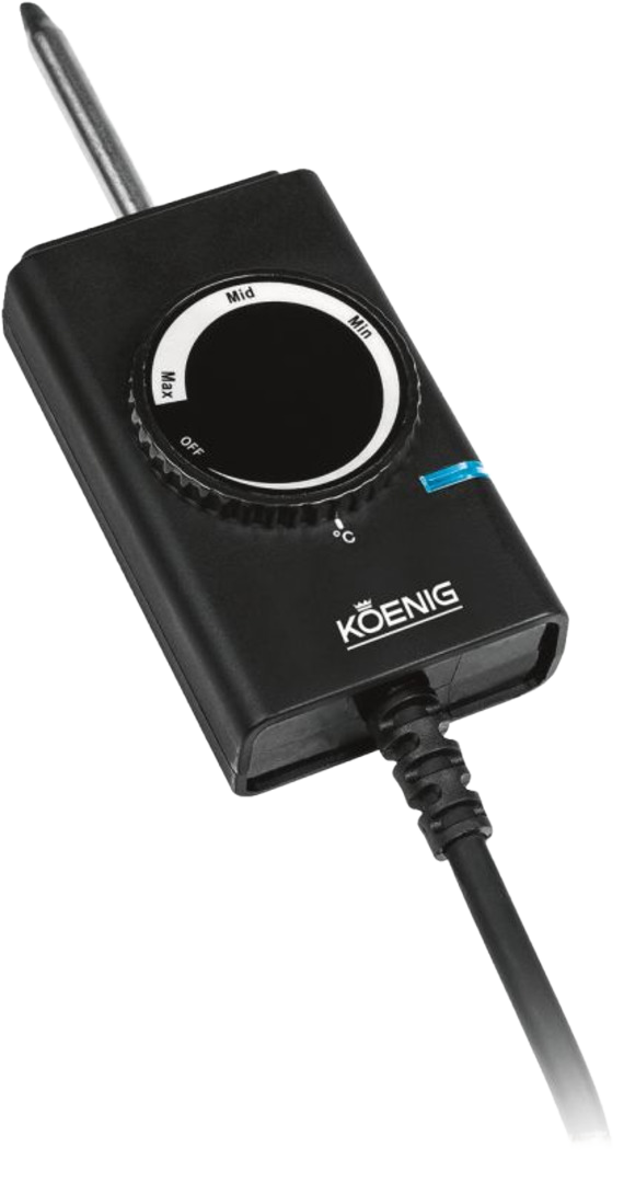 Régulateur de température électrique Koenig noir, avec cadran et cordon d'alimentation.