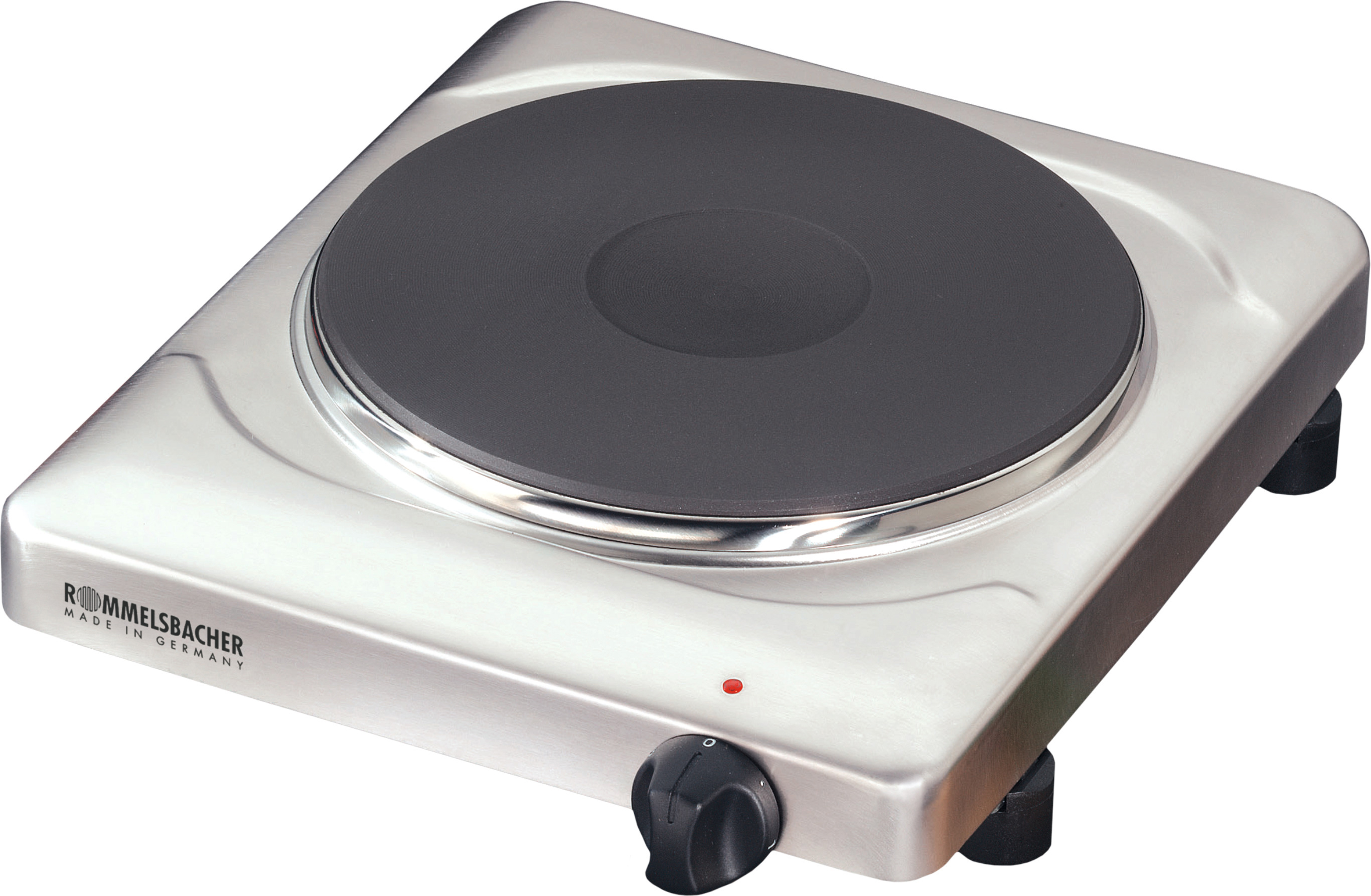 Silberne Rommelsbacher Kochplatte mit schwarzem Heizelement. Auf weißem Hintergrund.