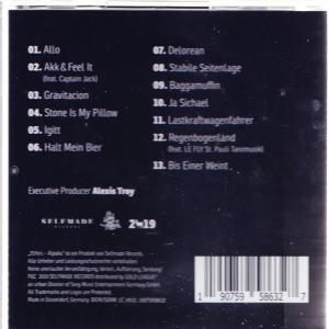 CD-Rückseite, Titelliste auf dunklem Hintergrund. Enthält Songtitel und Selfmade Records Logo.