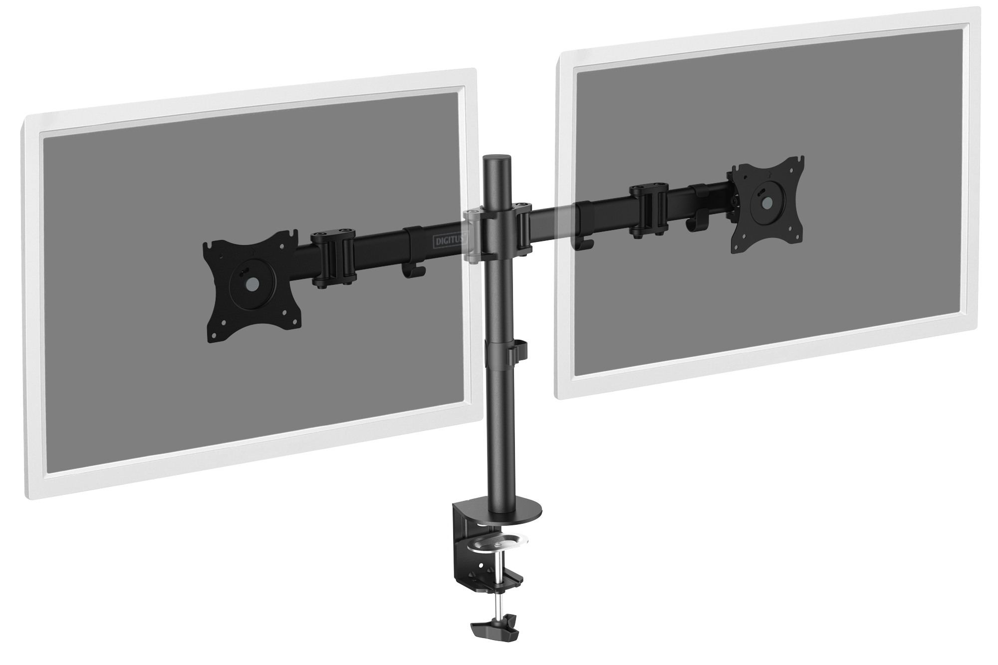 Monitorhalterung für zwei Monitore, schwarze Arme und Halterung, weißer Hintergrund.