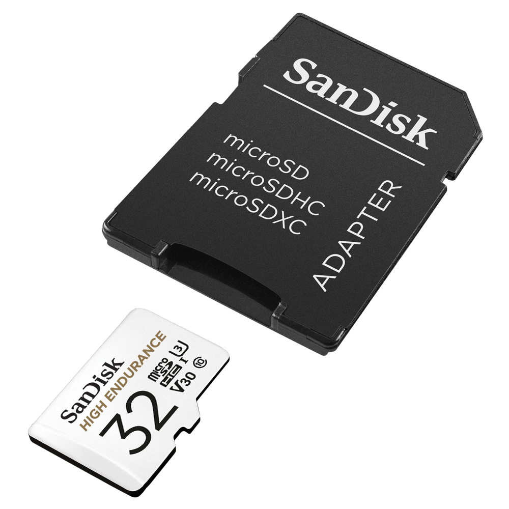 SanDisk microSD-Karte und Adapter auf weißer Oberfläche. Adapter ist schwarz mit weißem SanDisk-Text.