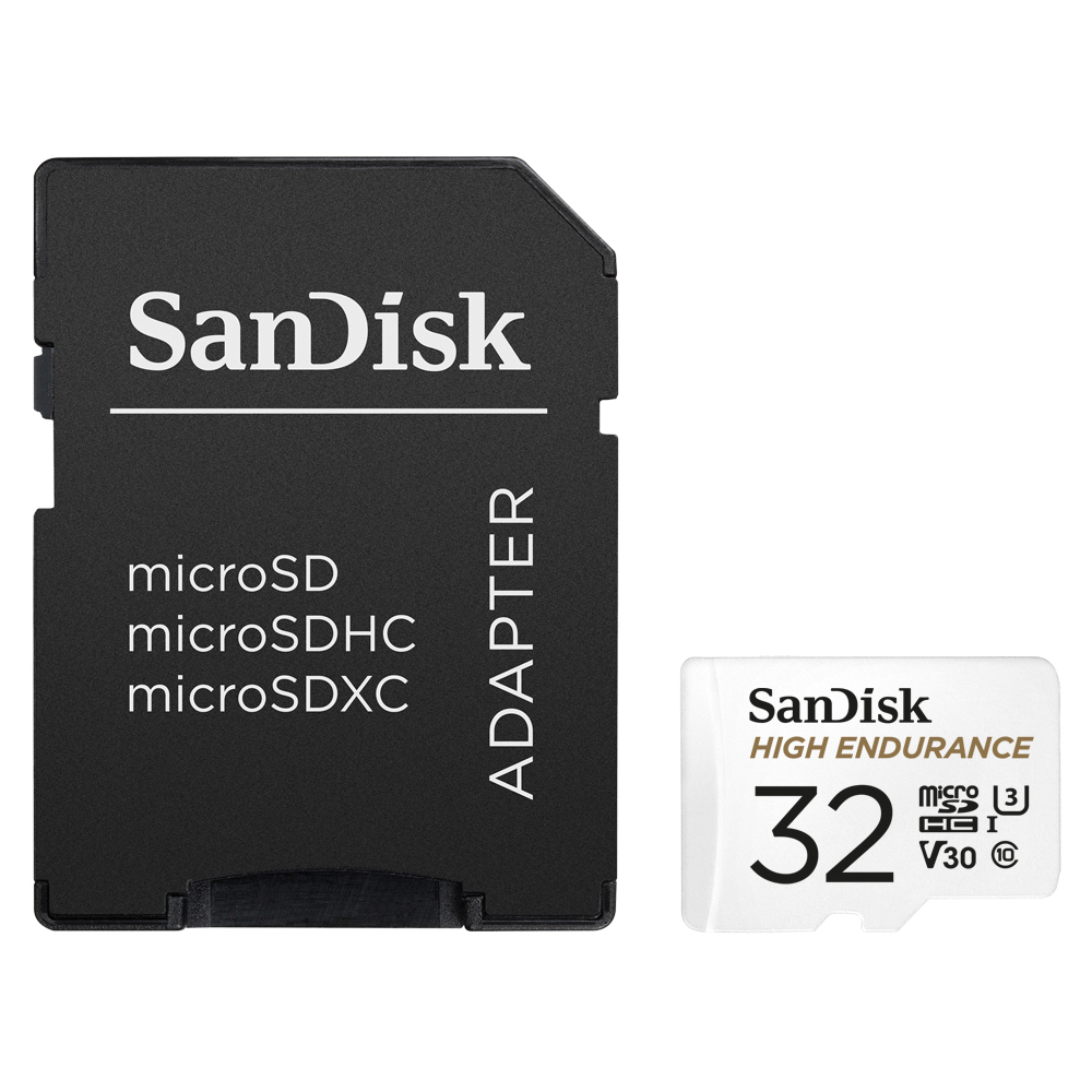 Schwarzer SanDisk SD-Kartenadapter neben einer weißen SanDisk Micro SD-Karte. Beide zeigen ihre Logos.
