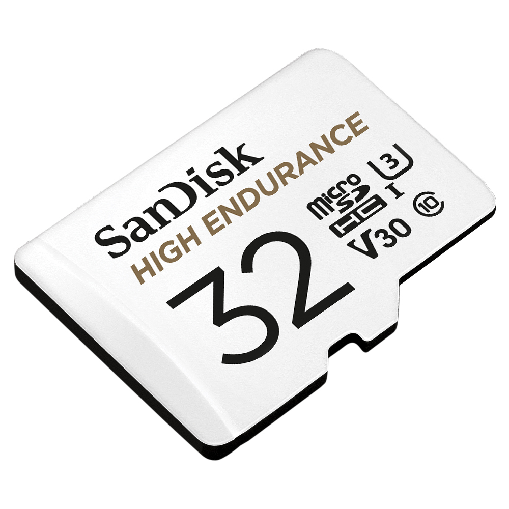 Sandisk 32GB Micro SD-Karte auf weißem Hintergrund. Weiße Karte mit schwarzem Text. Die Karte ist schräg.