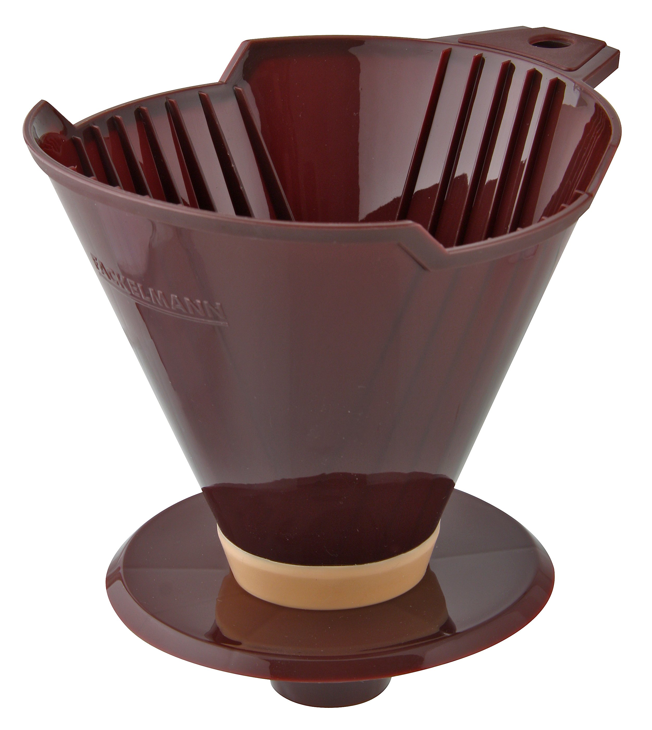 Ein kastanienbrauner Kaffeefilter mit Griff. Er hat eine Kegelform und steht auf einem runden Sockel.