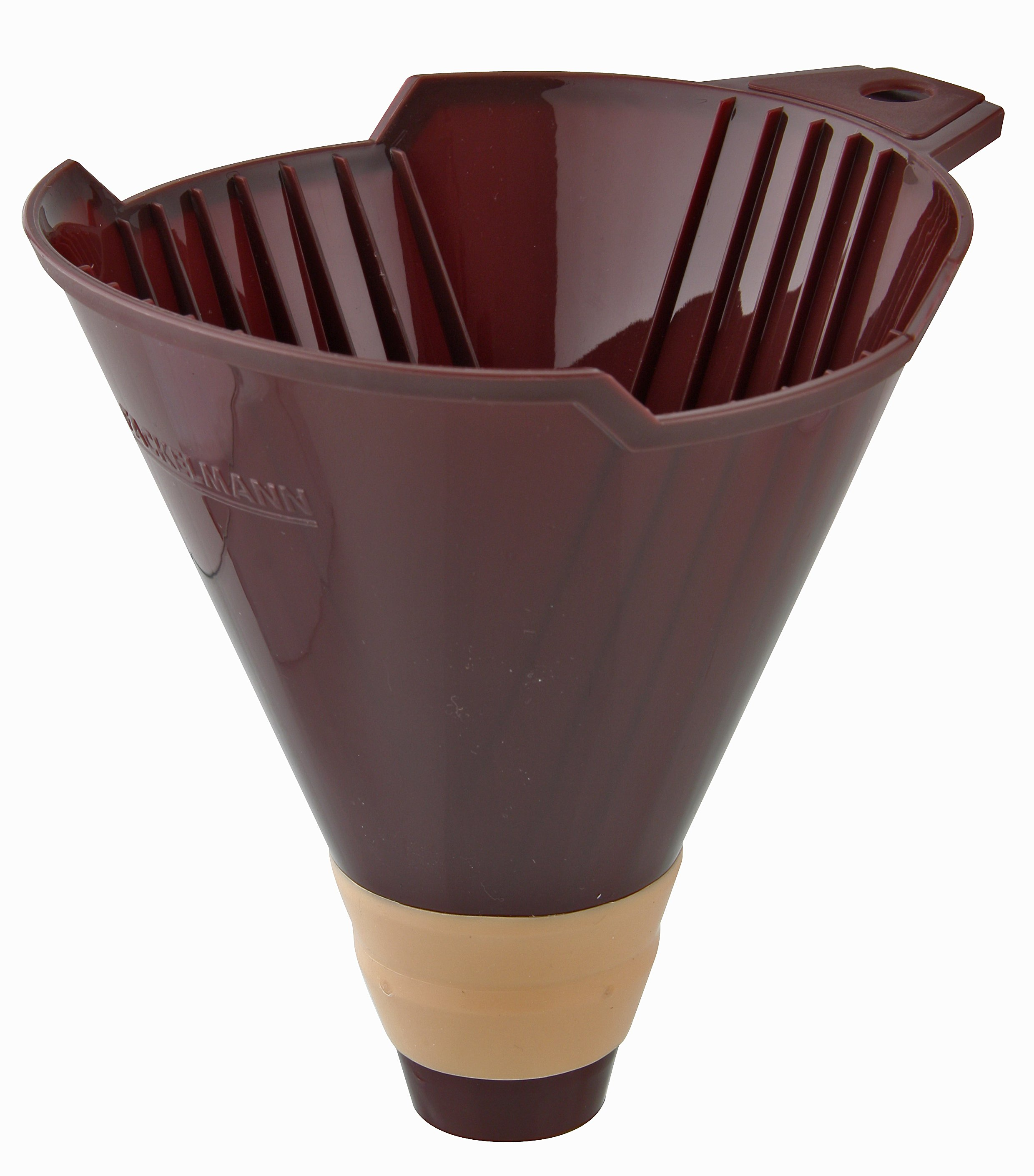 Ein maroonfarbener Kaffeefilter mit einem beigefarbenen Band am Boden. Er hat eine geriffelte Innenseite und einen Griff.