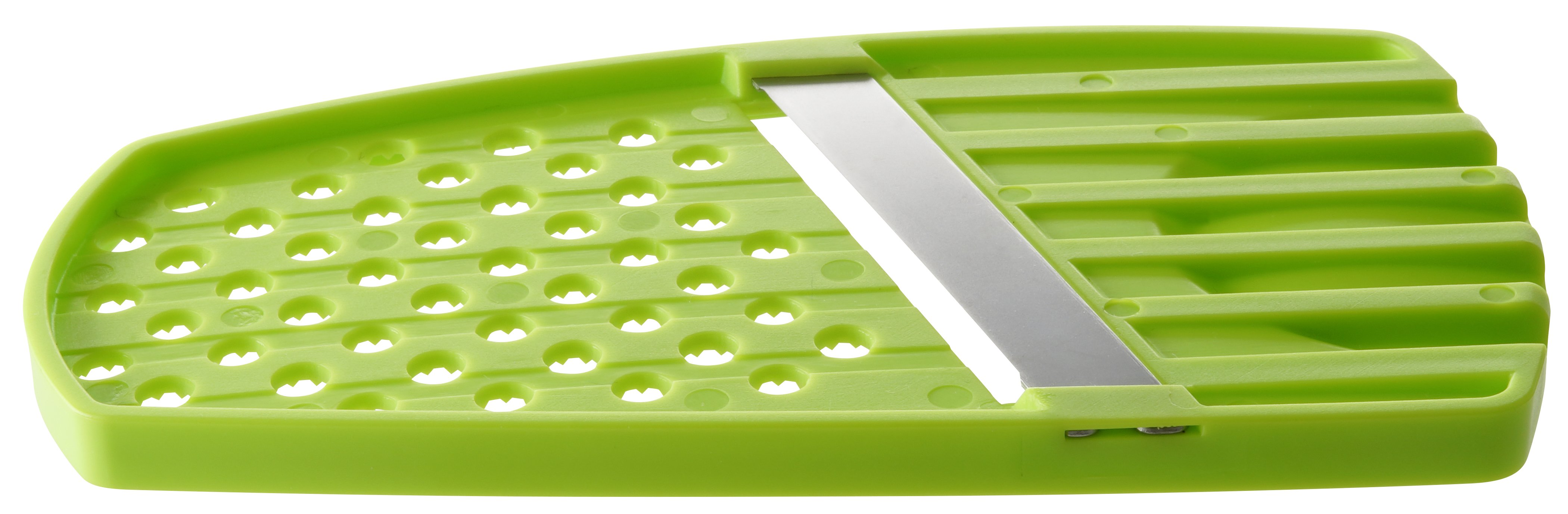 Ein grüner Reibe mit einer Metallklinge. Weißer Hintergrund.
