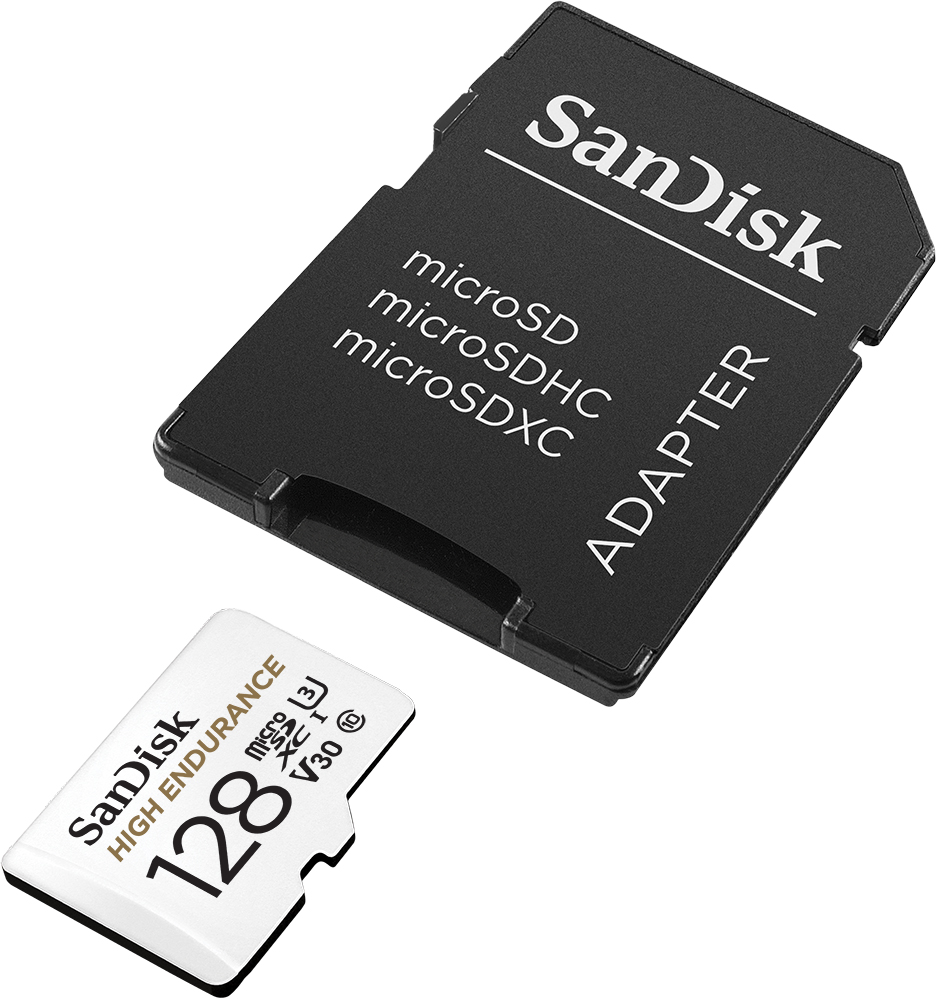 Sandisk Micro-SD-Karte und Adapter, schwarzer Adapter mit weißem Text.