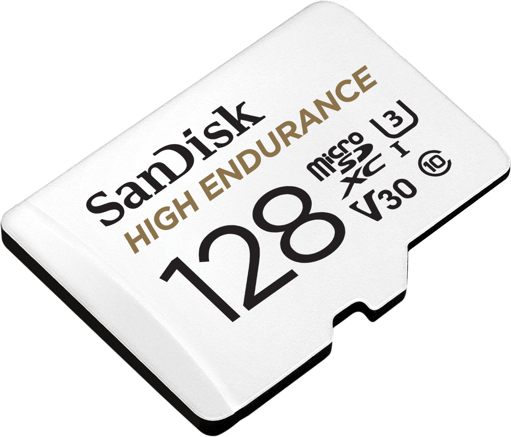 Weiße und schwarze SD-Karte mit dem Sandisk High Endurance-Label. Es zeigt 128 und V30.