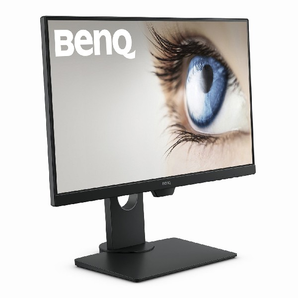 Monitor BenQ negro. La pantalla muestra un ojo azul sobre fondo blanco.