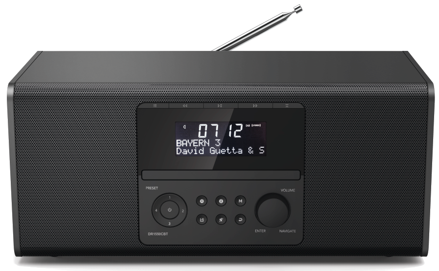 Radio numérique noire avec un écran affichant l'heure, le nom de la station et les commandes.