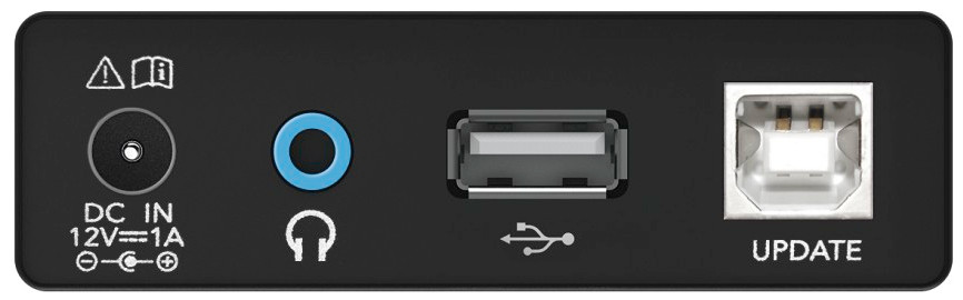Dos d'appareil noir avec ports. Inclut DC in, prise casque, USB et un port de mise à jour.