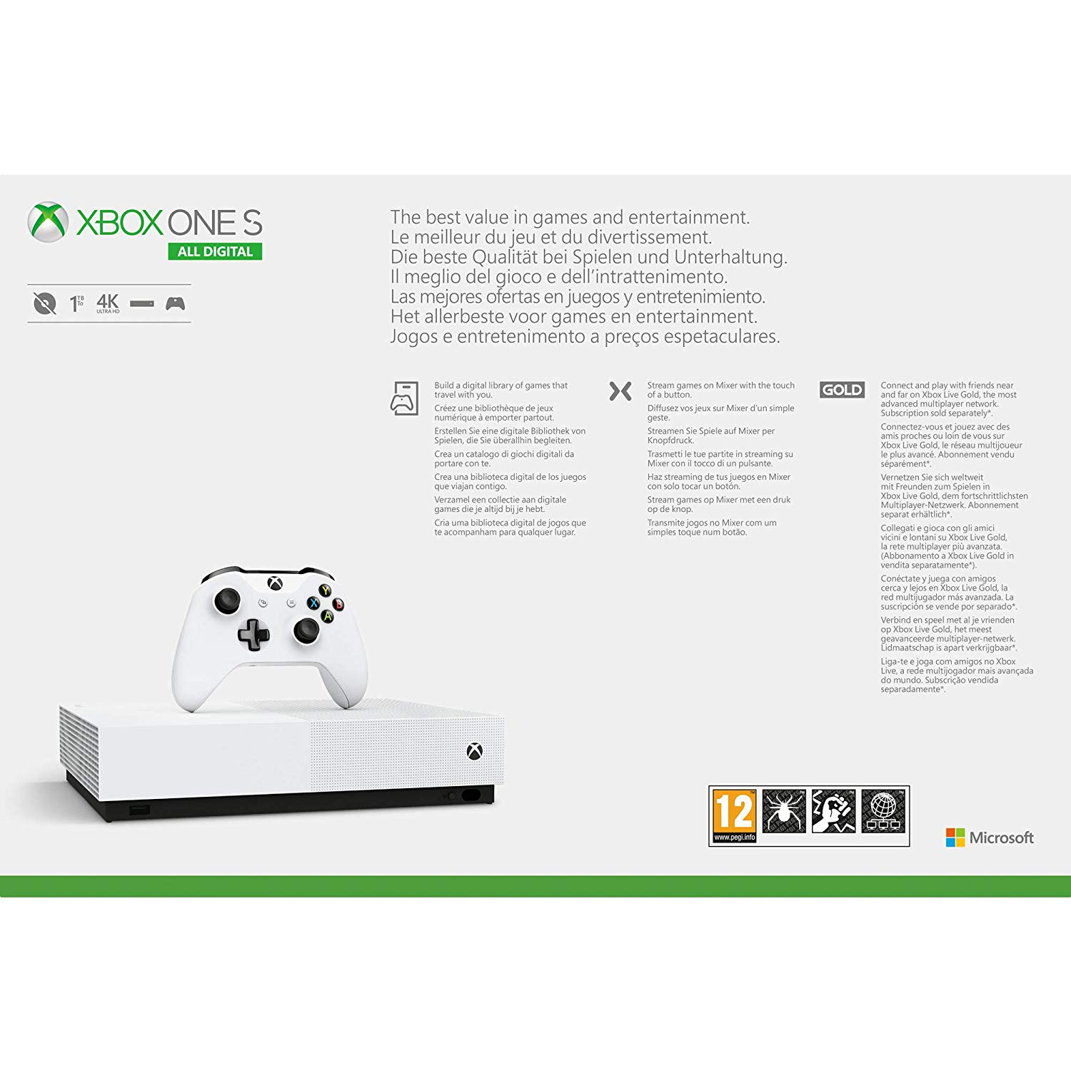 Consola - Xbox One S All-Digital, 1 TB, Todo digital, 4K, UDR, Blanco + 3 Juegos