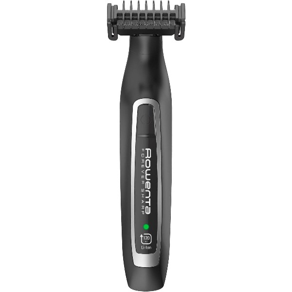 Afeitadora eléctrica Rowenta Forever Sharp negra con accesorios de recorte y luz verde.