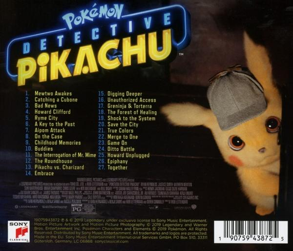 Rückseite der Detective Pikachu DVD. Pikachu-Illustration mit Titelliste, Warner Bros-Logo und Text.
