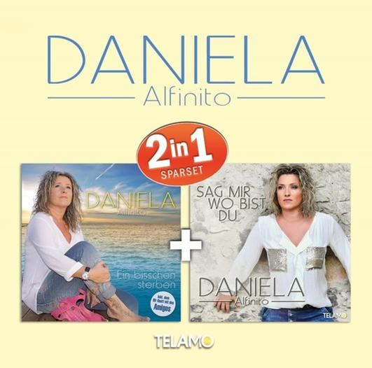 Albumcover mit Sängerin Daniela Alfinito. 2 Alben, eines mit ihr sitzend und eines mit ihr stehend.