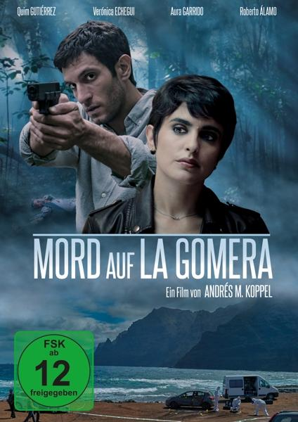Filmposter mit einem Mann, der eine Waffe richtet, und einer Frau, die ihn ansieht. Text auf Spanisch: 'Mord auf La Gomera'.