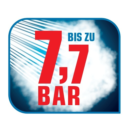 Eine blau umrandete Grafik mit Text: BIS ZU 7,7 BAR, mit Dampfeffekt.
