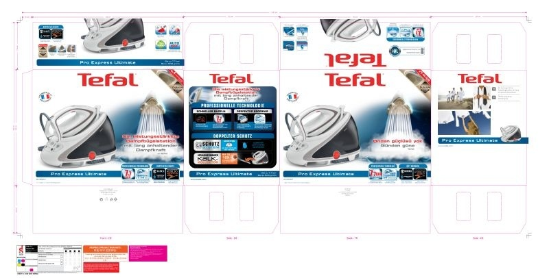 Tefal Pro Express Ultimate Bügeleisenkarton, ein Design mit Produktmerkmalen.
