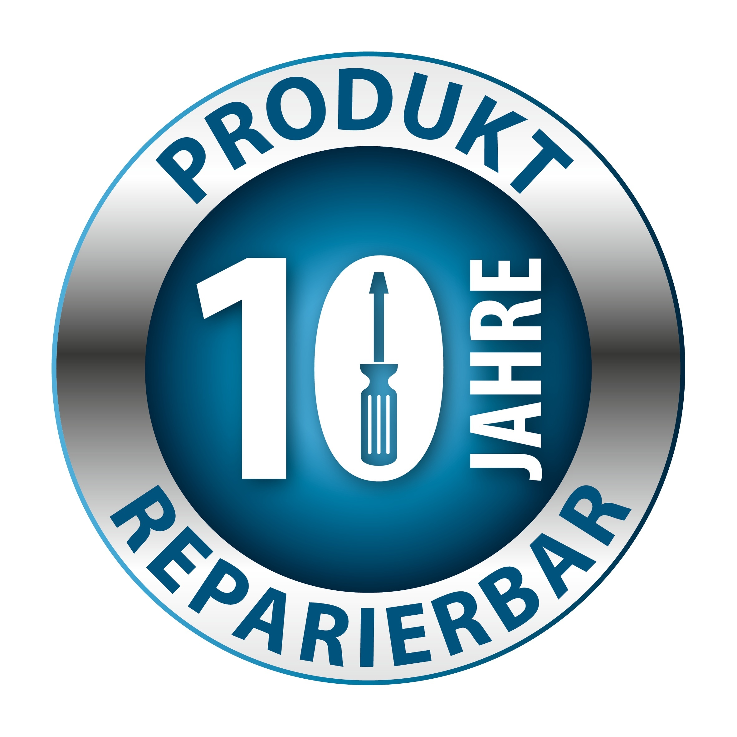 Runder blauer und silberner Badge mit Text: 10 Jahre reparierbar, und Schraubendreher-Symbol.