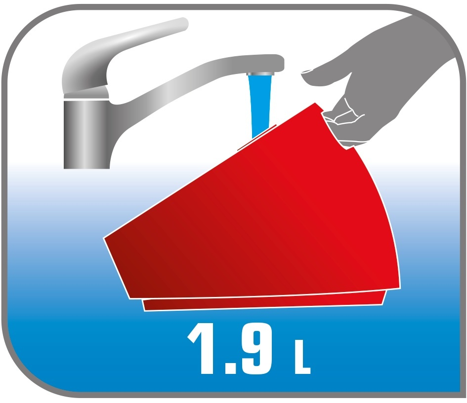 Ein roter Behälter unter einem Wasserhahn mit blauem Wasserfluss und einer Hand.