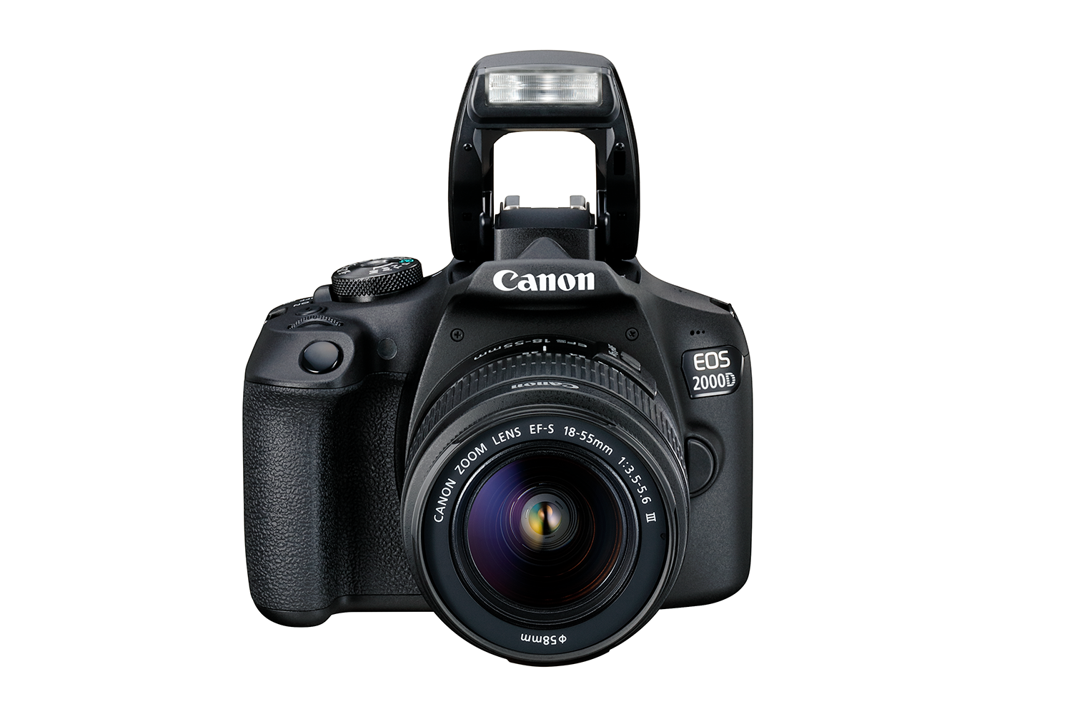 Een zwarte Canon EOS 2000D camera met flitser, lens en knoppen.