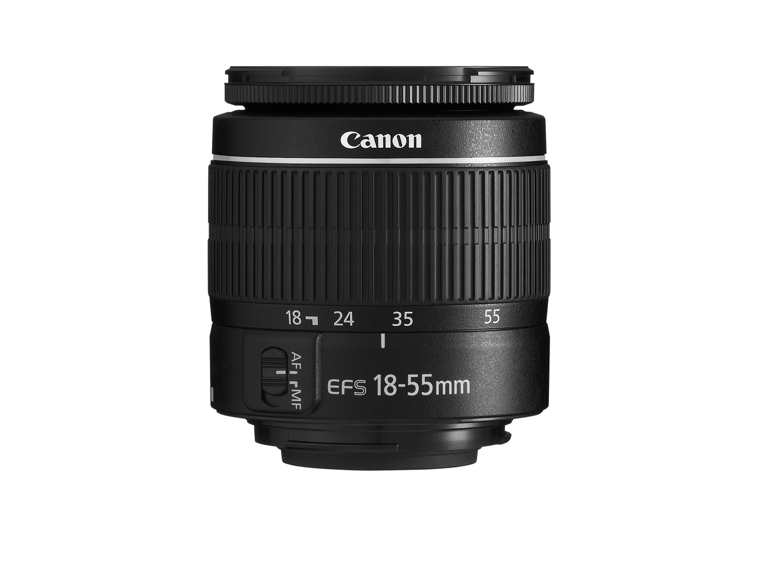 Zwarte Canon-lens, EFS 18-55mm, met focus- en zoomringen. De lens is op een witte achtergrond gemonteerd.
