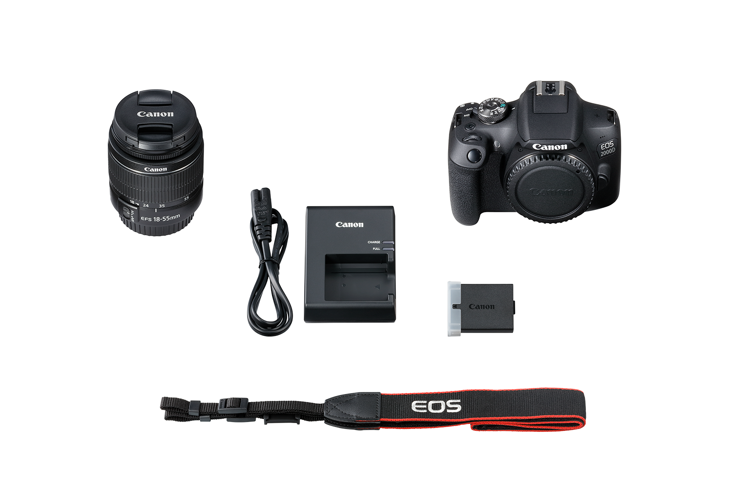 Een Canon camerakit met een camera, lens, oplader, batterij en riem.