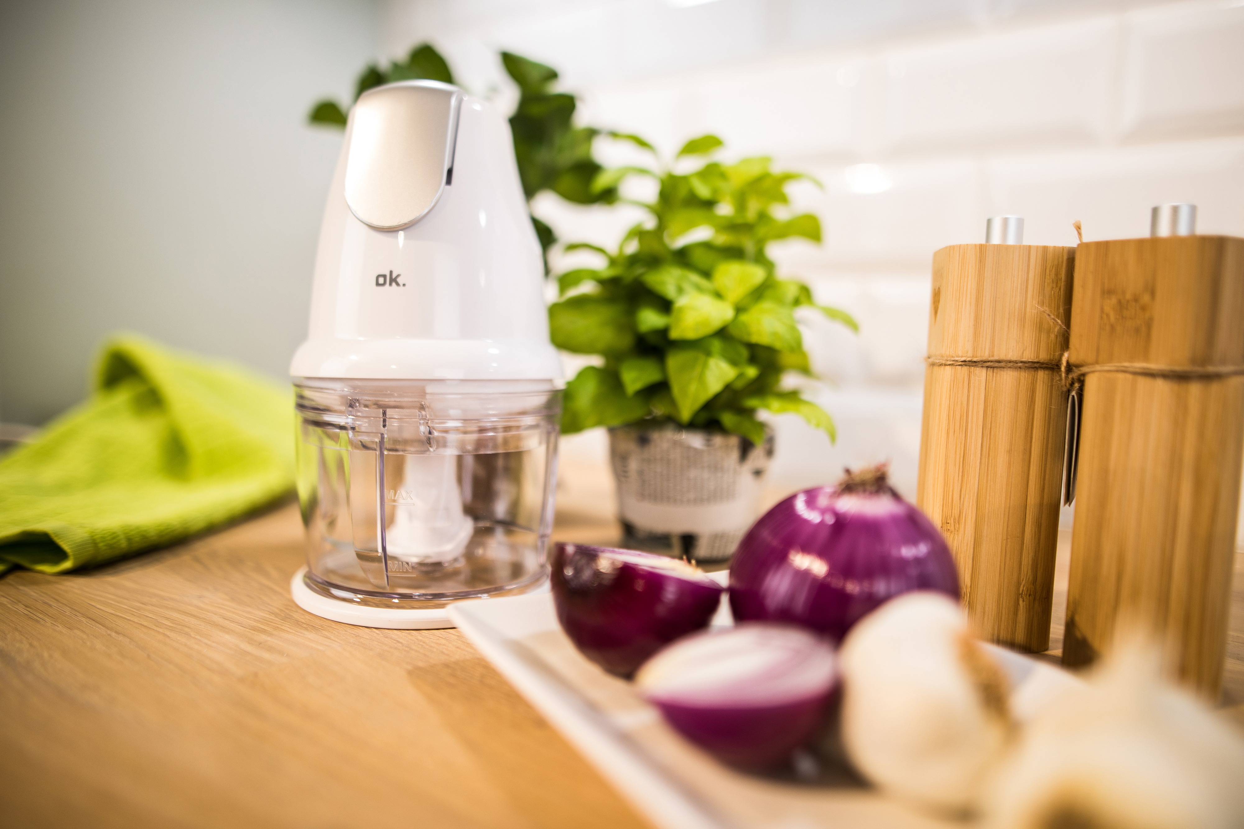Eine Küchenszene mit einem Zerkleinerer, Zwiebeln und Kräutern.