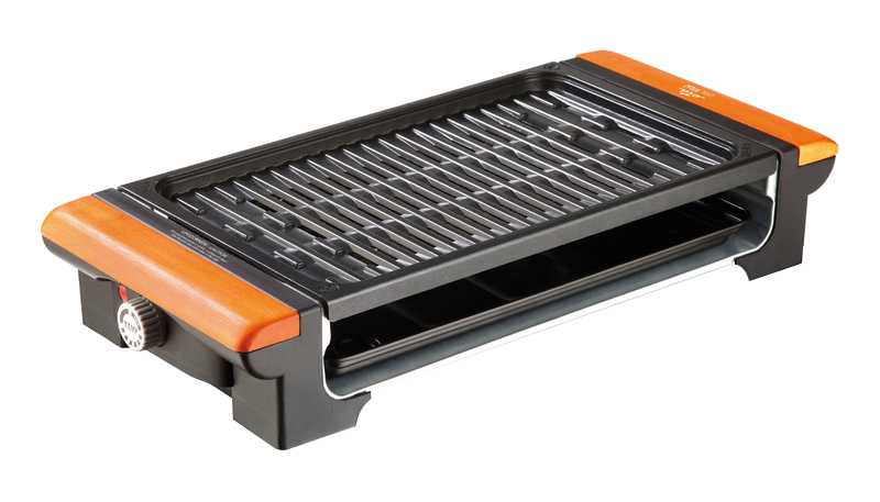 Elektromos grill narancssárga oldallal, fekete alappal, ezüst grillel.