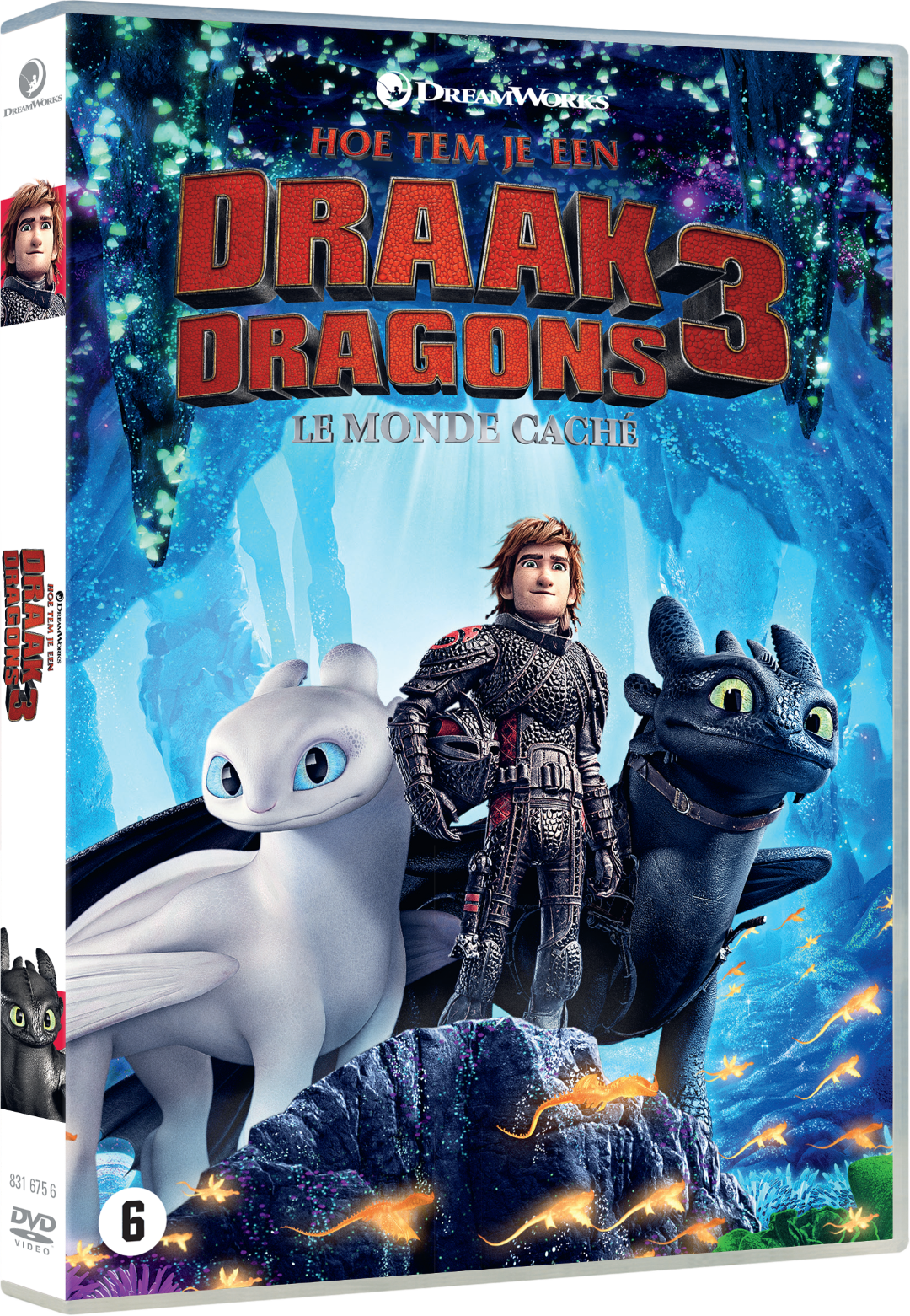 Hoe tem je een Draak 3 DVD-hoes met de personages op een blauwe achtergrond.