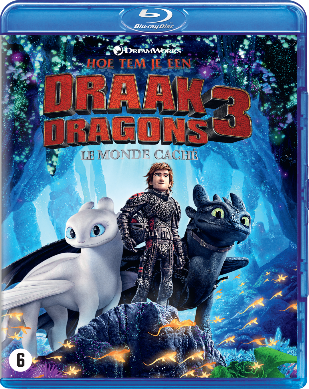 Blu-ray cover voor 'Hoe tem je een draak 3'. Met geanimeerde personages en draken.