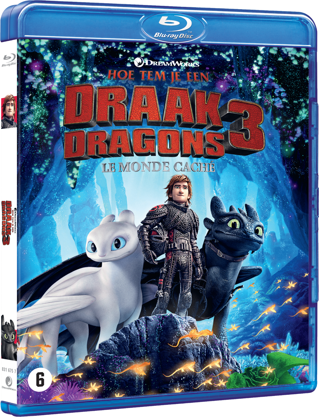Filmover voor 'Hoe tem je een draak 3'. Hoofdpersonages, een man en twee draken, worden getoond.
