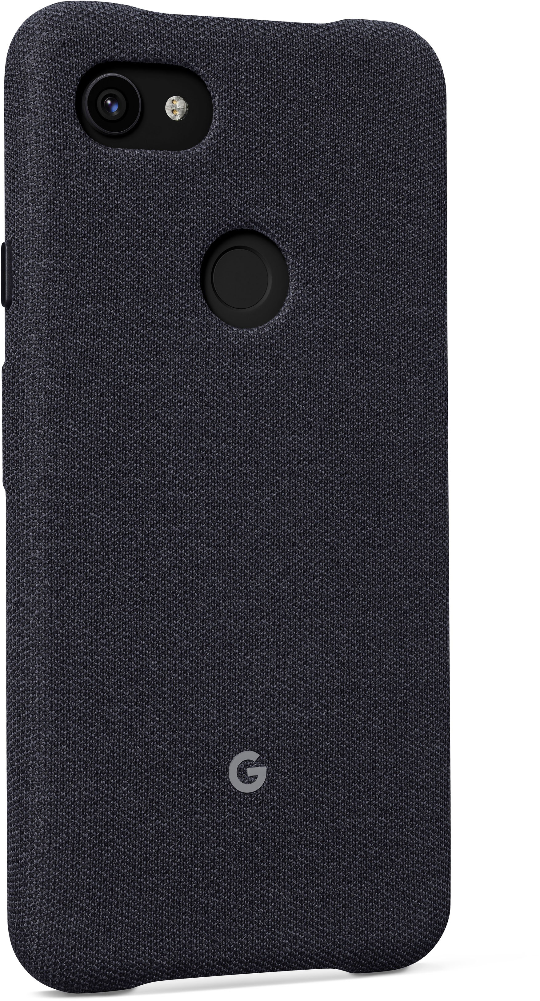 Schwarze Stoff-Handyhülle mit Kameralinse und Google-Logo auf der Rückseite. Die Hülle hat ein schlankes Design.
