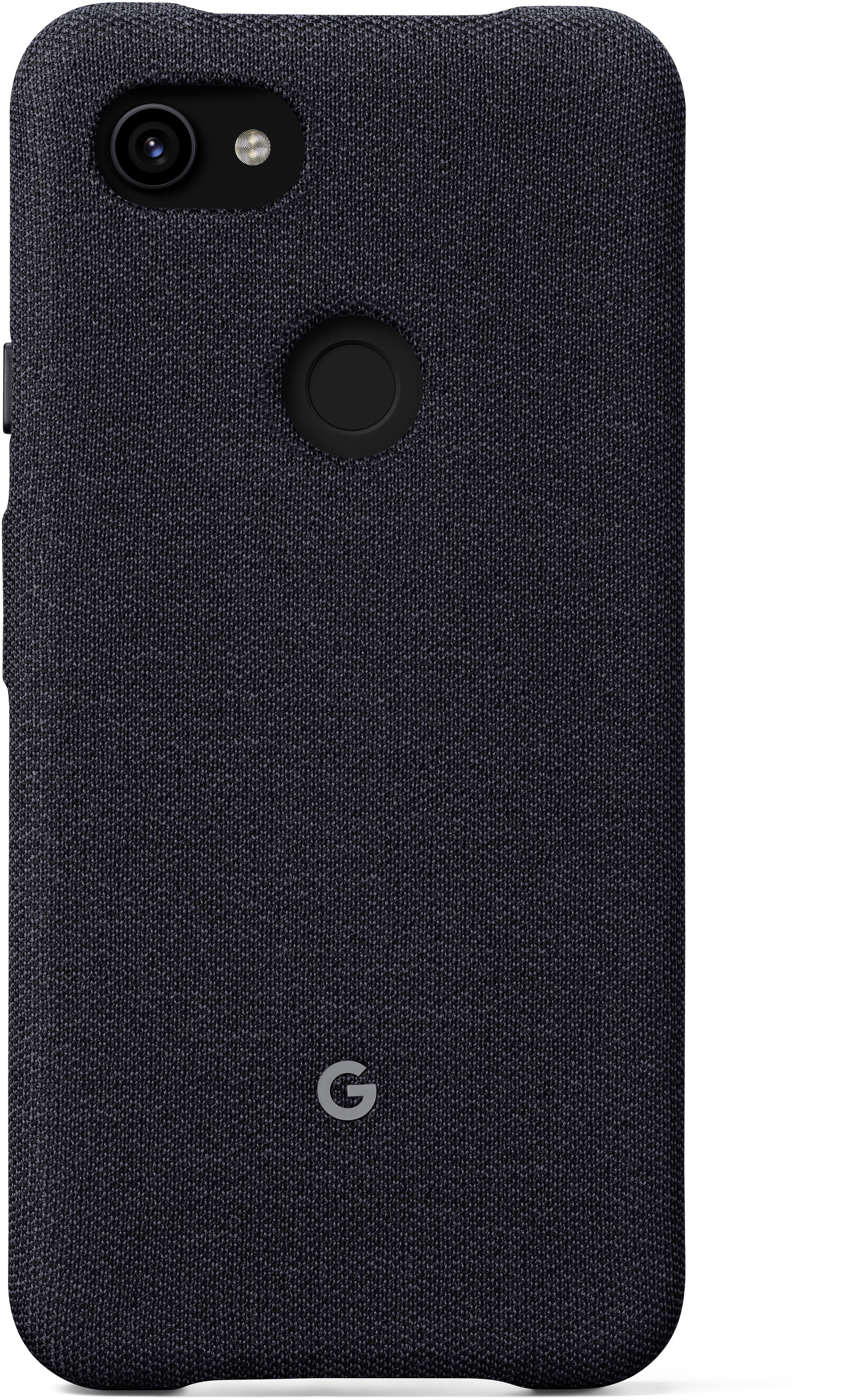 Schwarze Handyhülle mit Stoffstruktur. Auf der Rückseite befinden sich ein Kamera Loch und das Google 'G'.