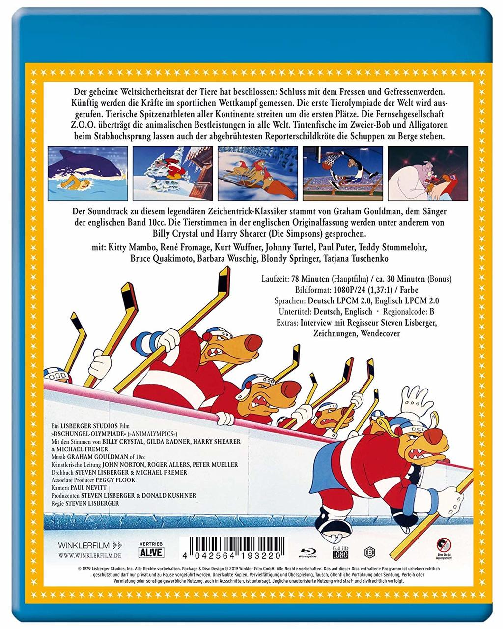 Rückseite einer Blu-ray-Disc-Hülle für den Zeichentrickfilm "The Secret of NIMH". Enthält Bilder und Text in mehreren Sprachen.
