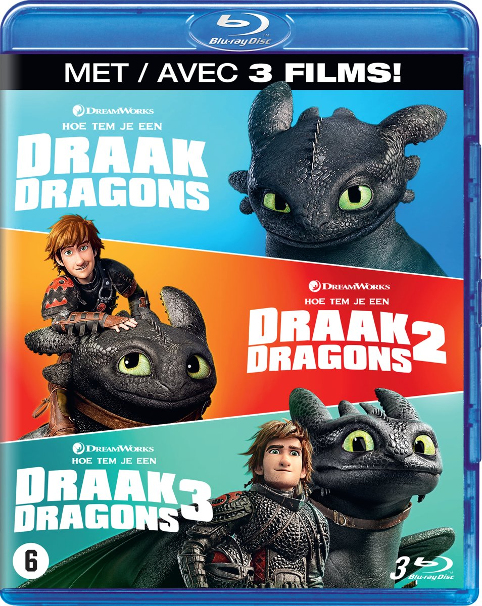 Coffret Blu-ray : Dragons 1, 2 et 3, avec des images de dragons.