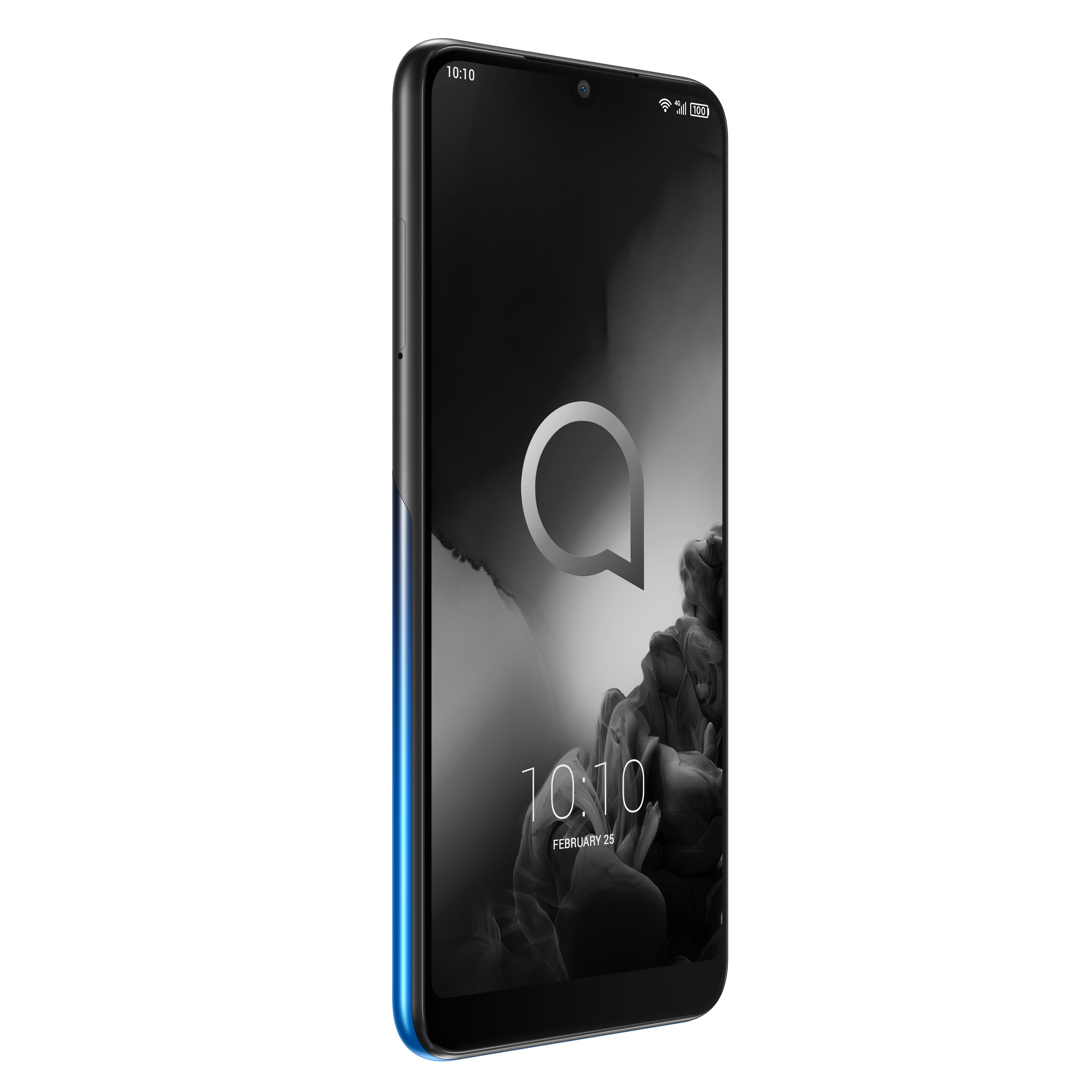 Smartphone Alcatel, pantalla negra con logo blanco y diseño abstracto, lado azul, aislado.