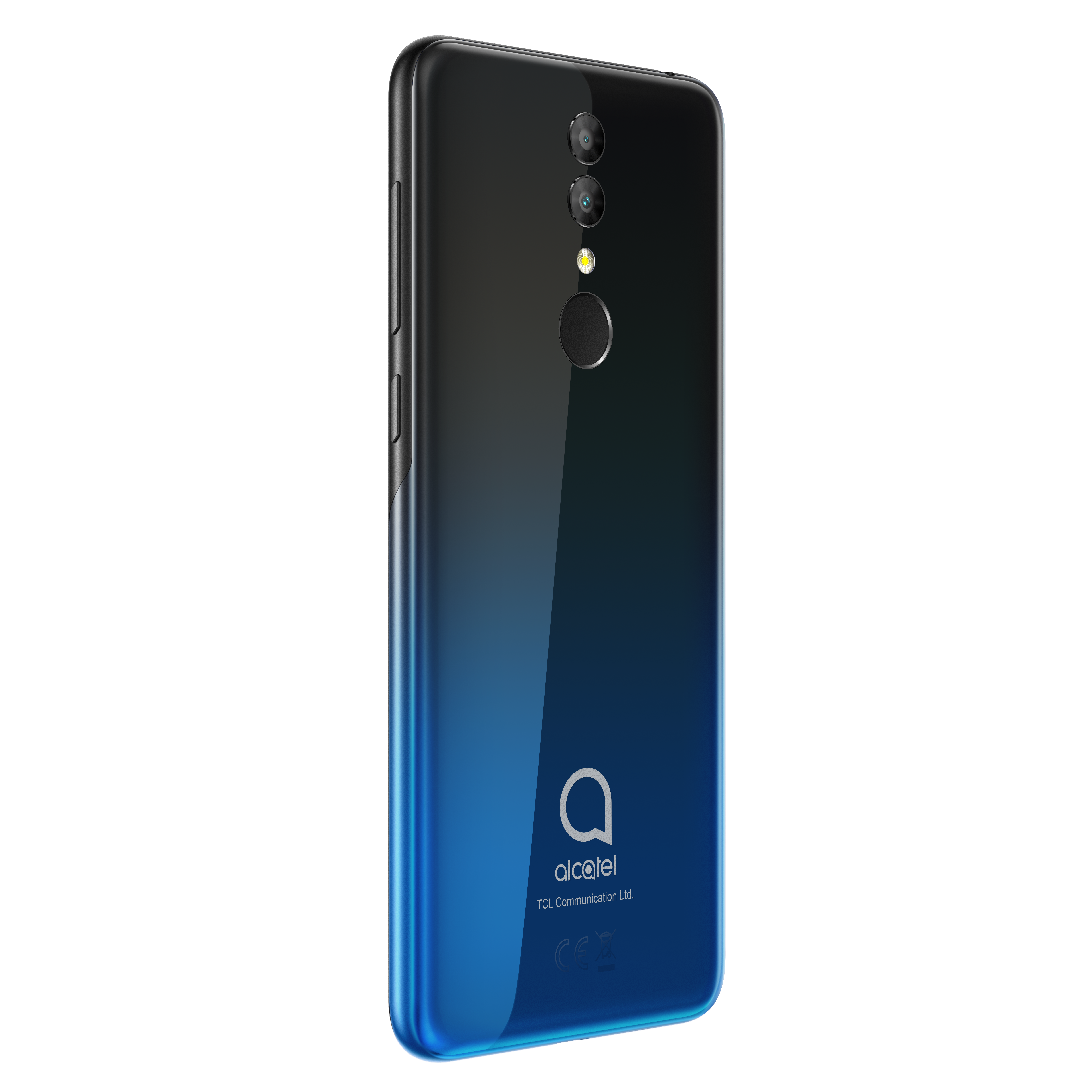 La parte trasera de un smartphone Alcatel con gradiente azul y tres cámaras.