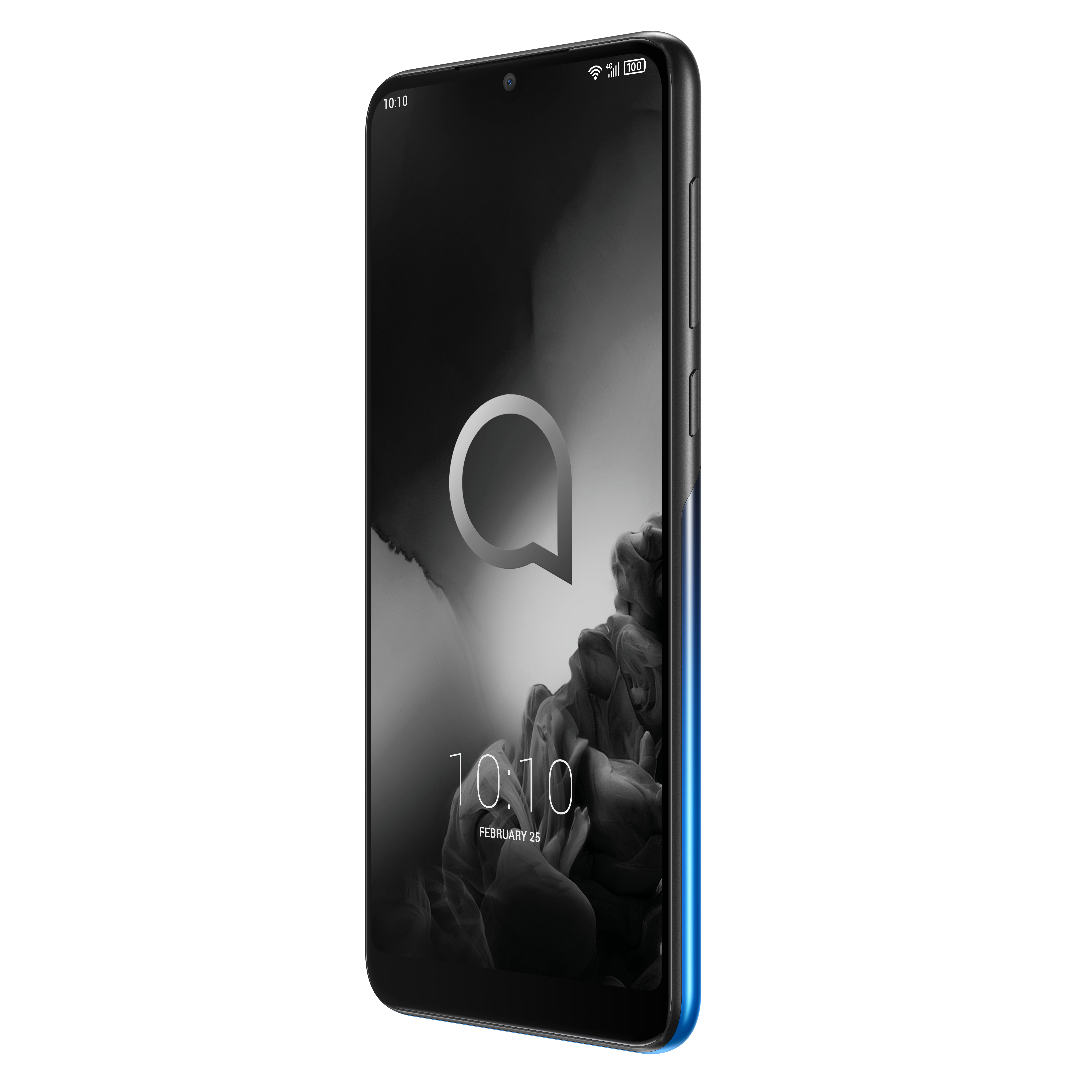Smartphone Alcatel con pantalla negra y detalles azules sobre fondo negro.