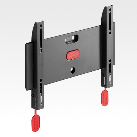 Soporte de pared para TV negro con detalles rojos. Es un soporte metálico para colgar un televisor.