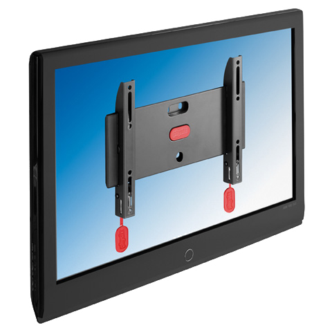 Televisor negro en soporte de pared. Marco negro, fondo de cielo azul. Acentos rojos en el soporte.
