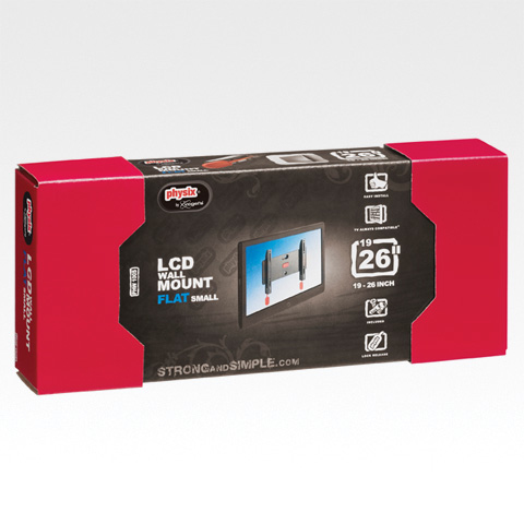Caja roja, soporte de pared LCD, plano, pequeño. La caja tiene una imagen del televisor y soporte.