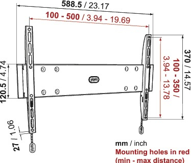 Dibujo técnico de un soporte de TV. Dimensiones en milímetros y pulgadas visibles.