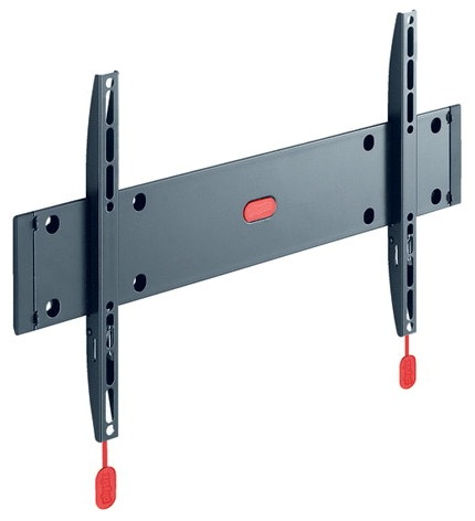 Soporte de pared para TV negro con cables de liberación rojos. Forma rectangular.