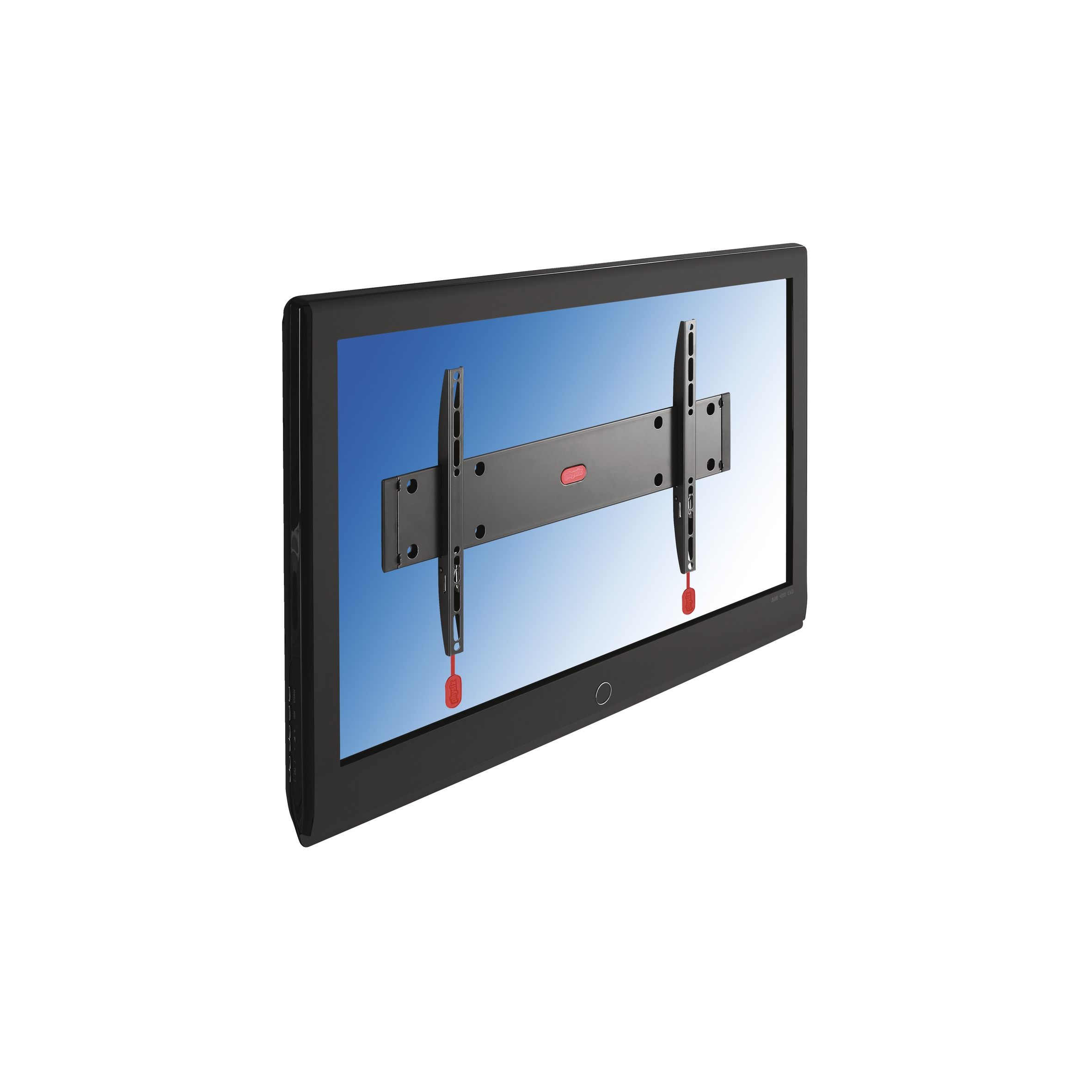 Un televisor negro montado en un soporte de pared. La pantalla muestra una escena de cielo azul.