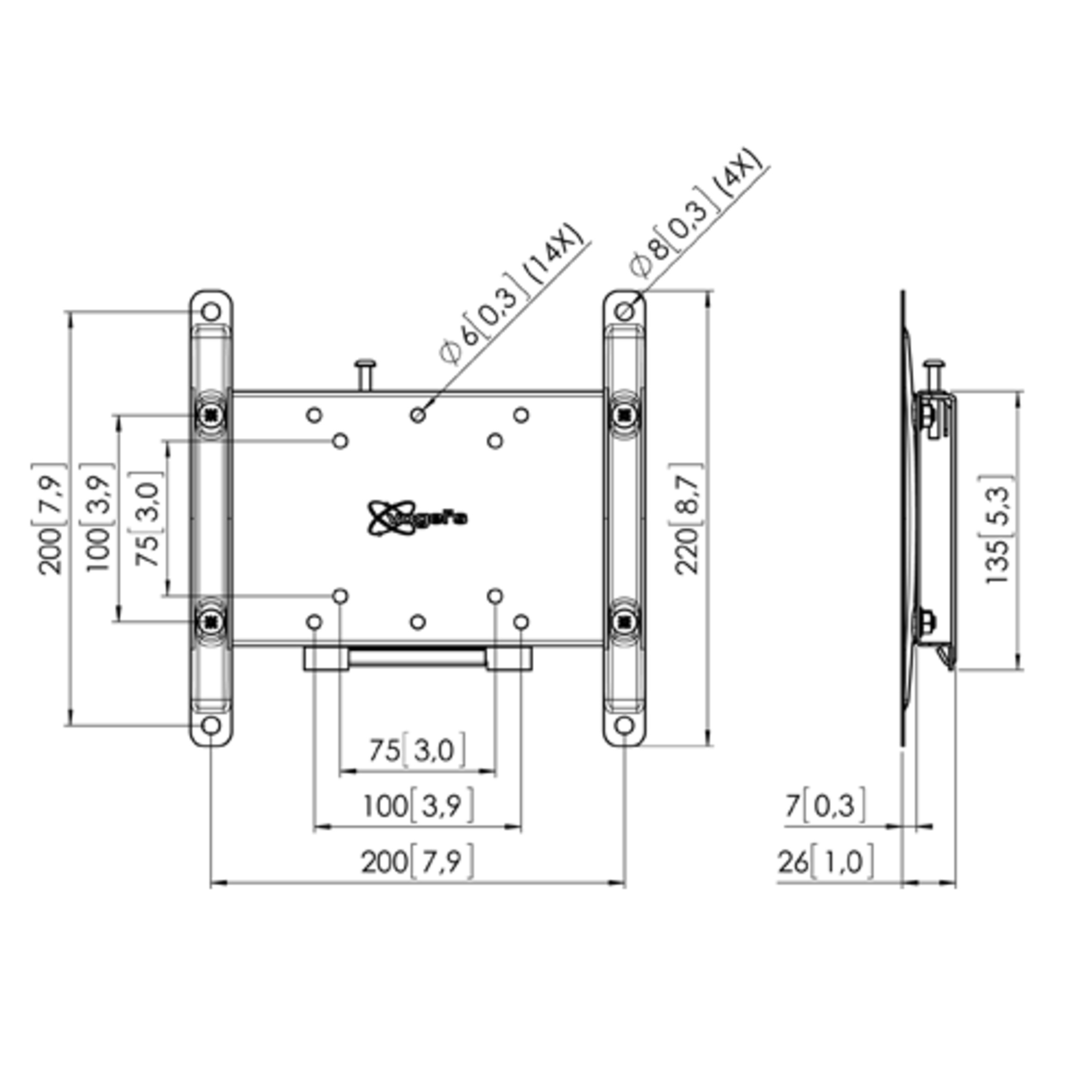Dibujo técnico de un soporte de TV, mostrando dimensiones, ubicaciones de tornillos y vista lateral.