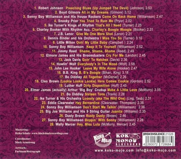 CD-Rückseite mit Text über Bluesmusik und Songliste. Es hat ein Logo KOKO MOJO BLUESOUND.